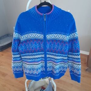 Blue Patterned Zip-Up Sweater